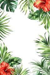 Fototapeta premium Tropical leaves and flowers square illustration frame, summer concept watercolor illustration