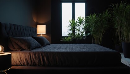 3D interior of dark bedroom, black walls, luxury room, apartment. hotel, idea for design, large bed and plants.