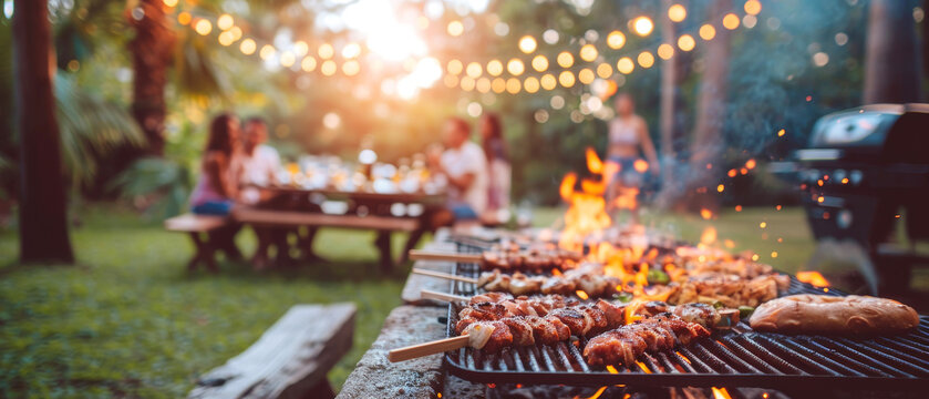 meeting family and friends having picnic babecue in garden home celebrate 