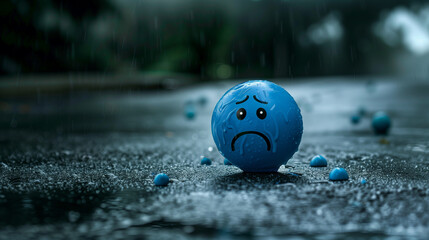 A sad face on the ground with raindrops, a sad blue smiley ball in a dark background, a sad dark mood, a sad expression in the style of a round blue happy smiling emoji, a sad expression in the style 