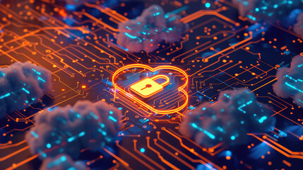 Naklejka premium Ensuring Data Protection in the Cloud: A Stylized Representation of Cloud Security Services with a Secure Padlock Icon