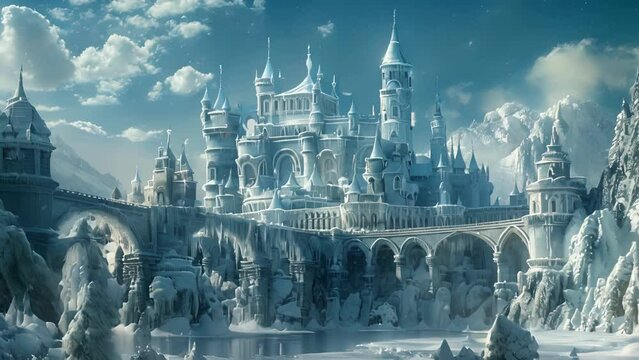 Snowcovered turrets and frozen archways come together to form a grand palace fit for an ice queen.