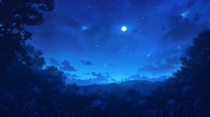 Night Sky with Shooting Stars and a Full Moon