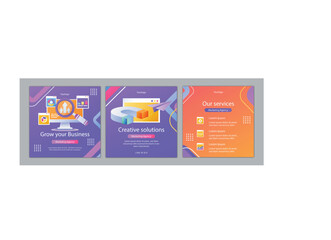 Business webinar conference social media post template collection. Modern square banner with city illustration and place for the photo. Usable for social media, banners, and websites