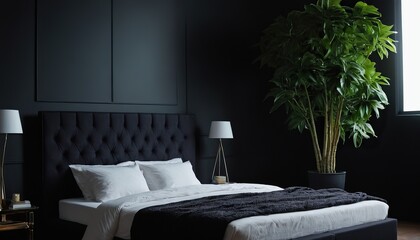 3d rendering bedroom interior with dark black and grey style. black headboard and wooden floor