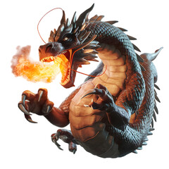 Dragon blows flames from its mouth on a Transparent background