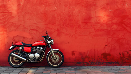 Fototapeta premium Red walls, stylish motorcycle, red background, text space.赤い壁、スタイリッシュなオートバイ、赤い背景、テキストスペース。Generative AI