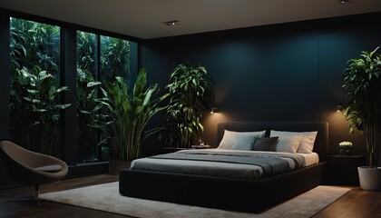 3d rendering bedroom interior with dark black and grey style. black headboard and wooden floor