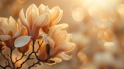 Obraz premium Beautiful magnolia blossoms with a soft beige blurred background. 