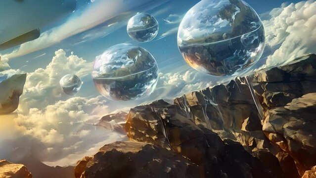 At the edge of a rocky cliff a gravitational wave pool teeters on the brink its floating water globes creating a sense of weightlessness and wonder as they defy gravity.