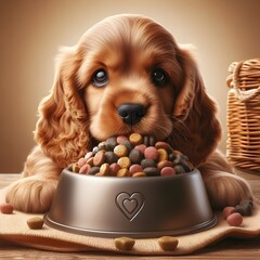 "Puppies Cocker Spaniels eating their food in their food bowl"