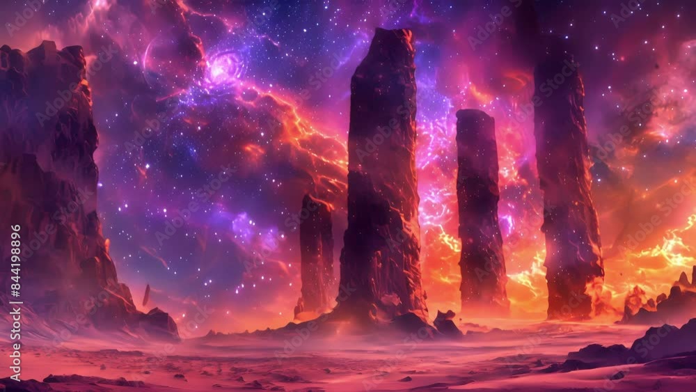 Poster the pillars of light shine like beacons in the midst of a foreboding nebula casting their glow upon 