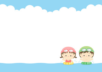 夏のイラスト、海で遊ぶかわいい子供たちと青空と入道雲のコピースペースのあるベクターイラスト素材04