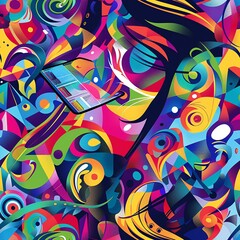 Digital artist using a tablet to design colorful abstract graphics, merging technology and traditional art forms, perfect for discussions on modern art and digital creativity