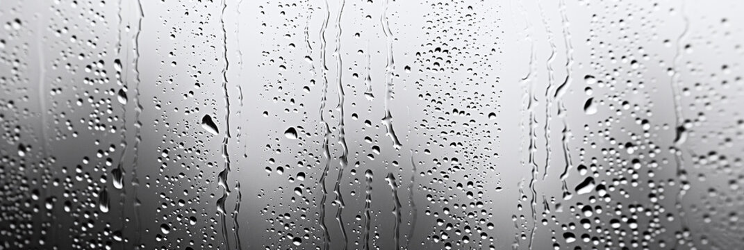 Close up for misted glass with droplets of water draining down. Dripping Condensation, Water Drops Background Rain drop Condensation Texture