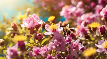 Obraz premium A Beautiful colorful summer spring natural flower background with Bees working on a bright sunny day with beautiful bokeh and copy space 