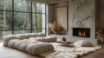 The image shows a modern living room with a large fireplace, a comfortable sofa, and a coffee table
