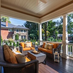 Fototapeta premium The back porch of a suburban house, featuring a stylish seating area and overlooking a meticulously maintained backyard.