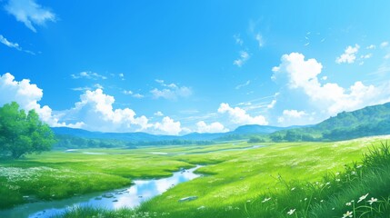 Serene Meadow Landscape with Winding River