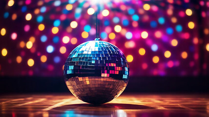 Obraz premium A disco ball with colorful lights and reflection in the dance floor background with nokeh blur and copy space, house or club party concept 