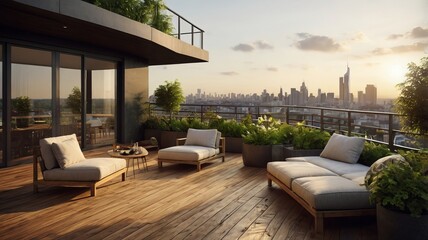 Fototapeta premium Modern Terrace with Panoramic City View and Lush Greenery with sofa and table