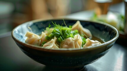 A bowl of delicious wontons with a simple minimal setting.