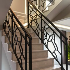 The elegant staircase inside a modern suburban house, highlighting the unique railing design and architectural details.