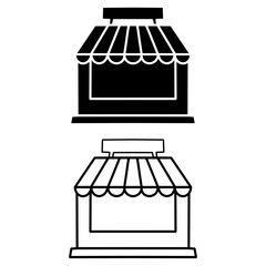 Market shop line icon. Kiosk, store, retail graphic pictograph. Street food concept linear label. Contour logo commercial market place. Vector illustration isolated on white