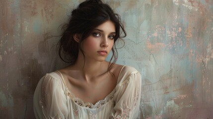 Fototapeta premium The quiet elegance of a dreamy woman set against a canvas of muted pastels, Generative AI