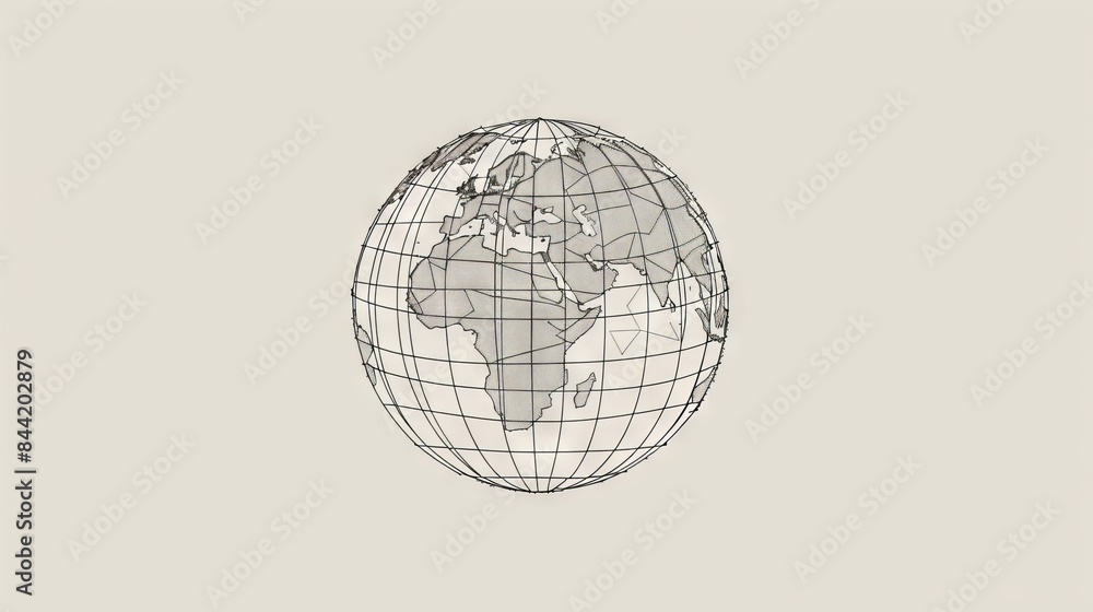 Poster minimalistic line art of a globe with latitude and longitude lines, representing global travel and e