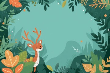 Cute Animal Cartoon Frame with Minimalistic Trees and Nature Elements