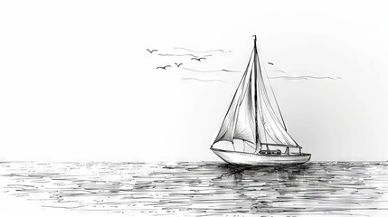 Minimalistic line sketch of a sailboat on calm waters, symbolizing freedom and adventure.