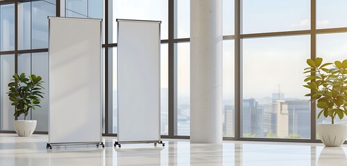Panoramic window in a bright office hall with large vertical blank roll-up standee banners.