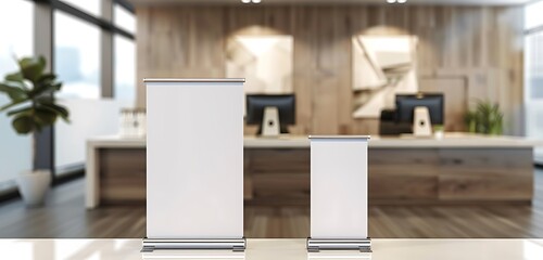 Blank small square roll-up banners on display at an architecture firm's reception.
