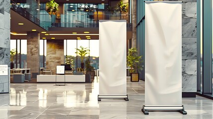 Office entrance two towering roll-up banners.