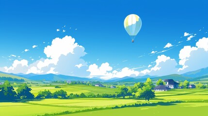 Fototapeta premium Peaceful Countryside Landscape with a Hot Air Balloon