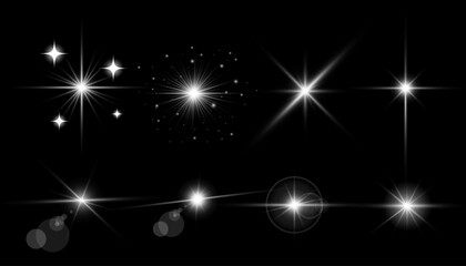 Glowing light bursts with sparkles. Glow light effect set, lens flare, explosion, glitter, line, sun flash, spark and star. Abstract image of lighting flare and white stars. Vector illustration