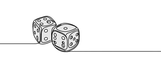 Two casino dices. Continuous one line drawing style. Vector illustration. Contour drawing of game dice.