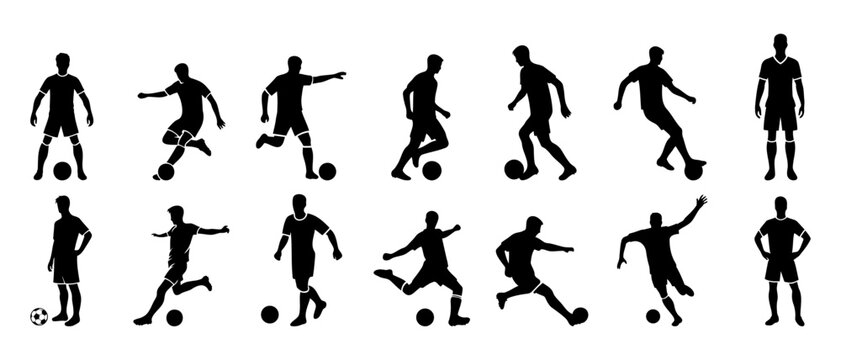 Soccer player silhouette illustration. Vector set of football or soccer players