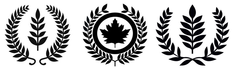 Set black silhouette circular laurel foliate, wheat and oak wreaths depicting an award, achievement, heraldry, nobility on white background. Emblem floral Greek branch flat style - stock vector.
