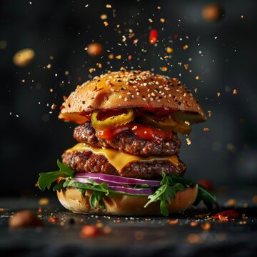 Falling hamburger with delicious ingredients, tomato slice, lettuce, splash of sauce, meat.Delicious cheeseburger banner and mockup. 