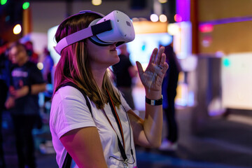 Young Woman Immersed in Virtual Reality Experience at Tech Event