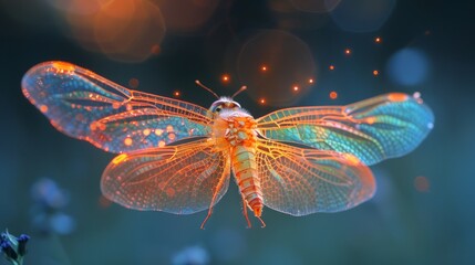 The image is a photograph of a dragonfly with glowing orange and teal wings