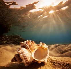 sea shells in their natural habitat, submerged in deep water