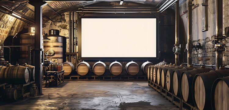 Underground brewery scene with a wide billboard, surrounded by brewing barrels.