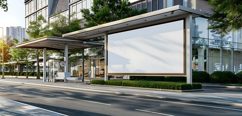 Small horizontal blank billboard on a wellness center in an upscale urban area, perfect for health ads.