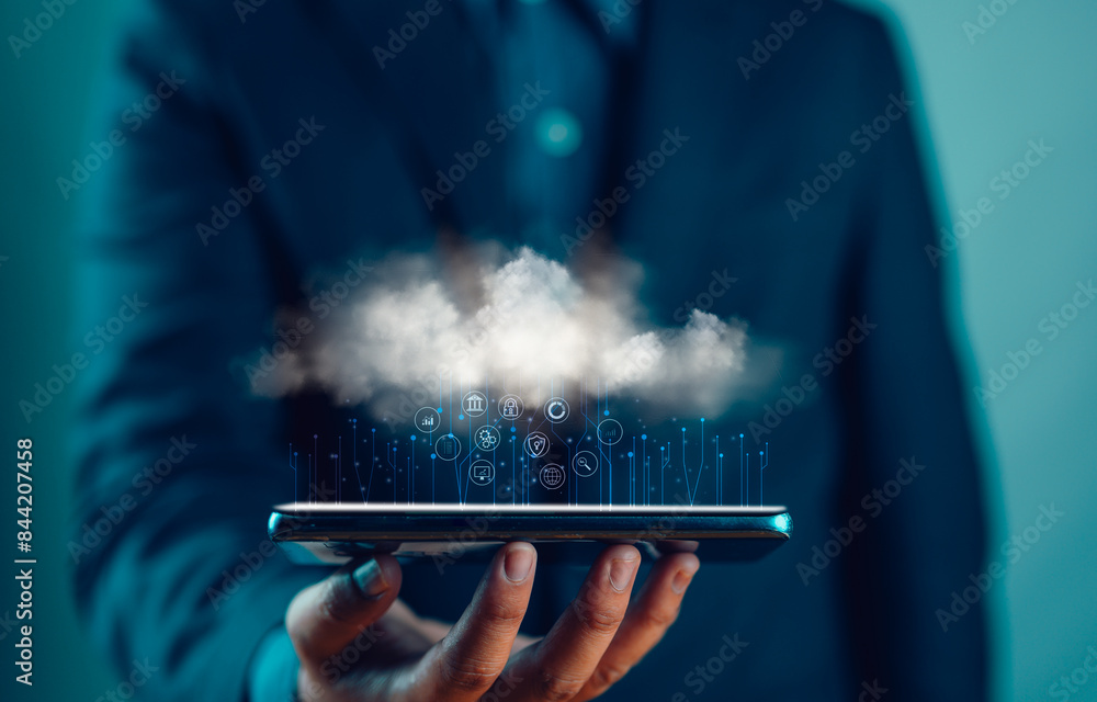 Poster technology cloud data storage, backup service on the internet network. concept of solution big data, information system security, business digital server. application platform connect technology