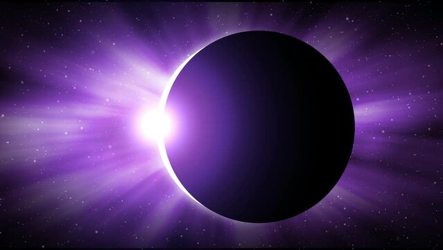 Abstract solar eclipse caused by a Lunar event with ring of fire on purple background. Animated abstract view of a total solar eclipse