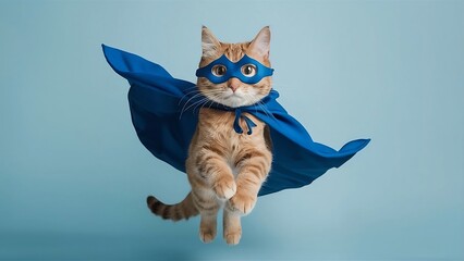 Fototapeta premium superhero cat, Cute orange tabby kitty with a blue cloak and mask jumping and flying on light blue background with copy space - Generative AI