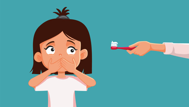 Toddler Girl Refusing to Brush Her Teeth Vector Cartoon. Child covering her mouth rejecting toothpaste because of bad taste 
